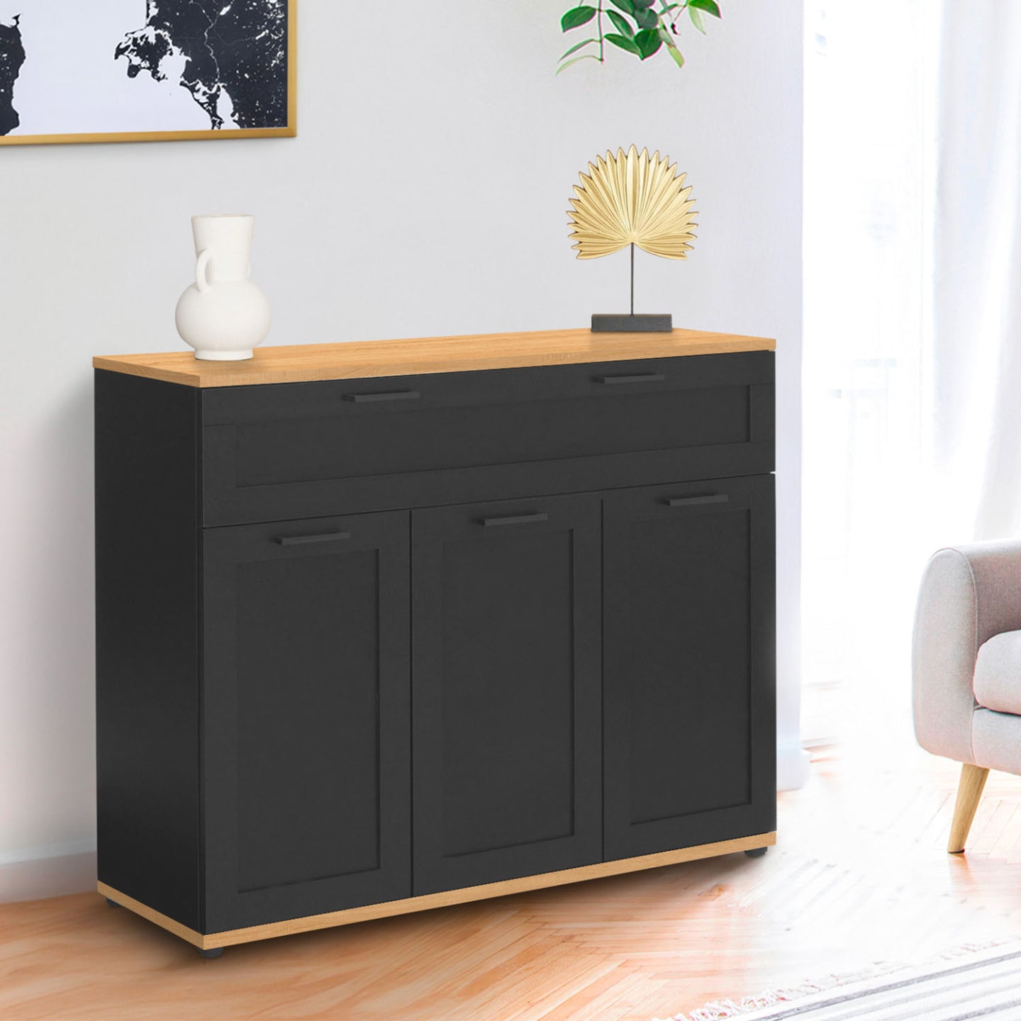 IDMarket - Credenza VITO 100 cm con 3 ante e 1 cassetto, nero e piano in legno