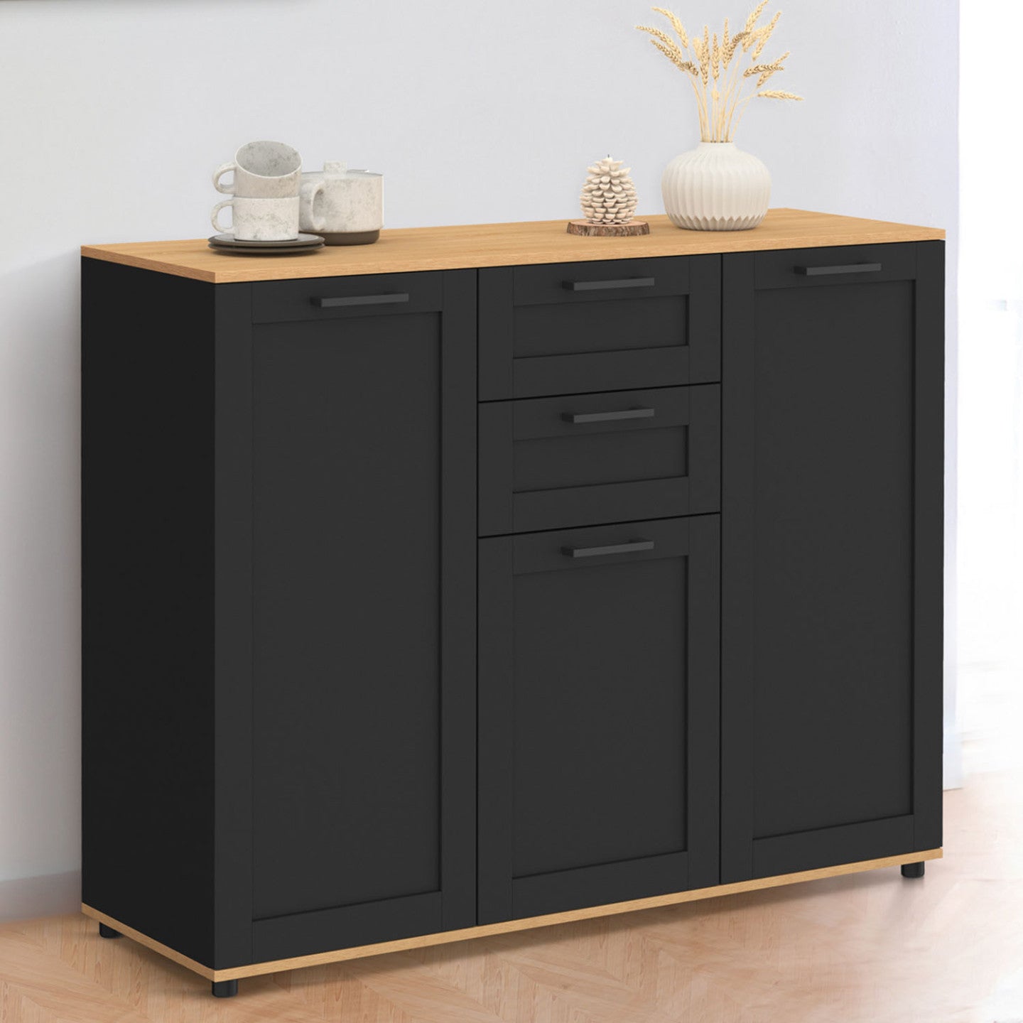 IDMarket - Credenza VITO 100 cm con 3 ante nere e 2 cassetti e piano in legno