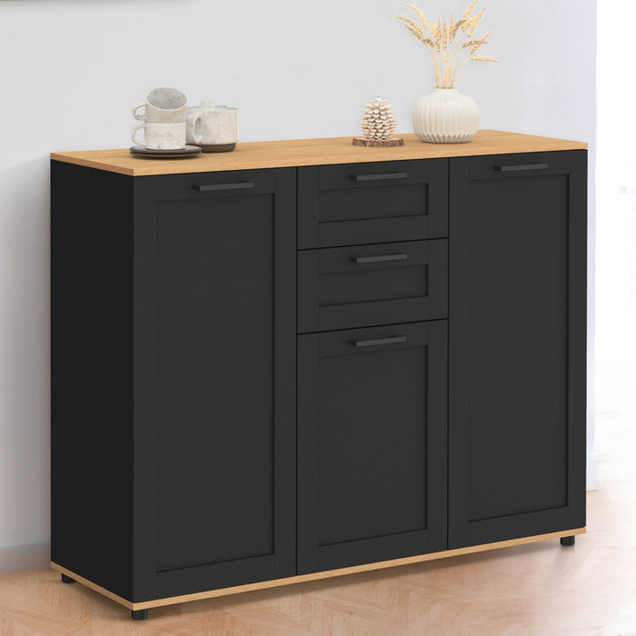 IDMarket - Credenza VITO 100 cm con 3 ante nere e 2 cassetti e piano in legno