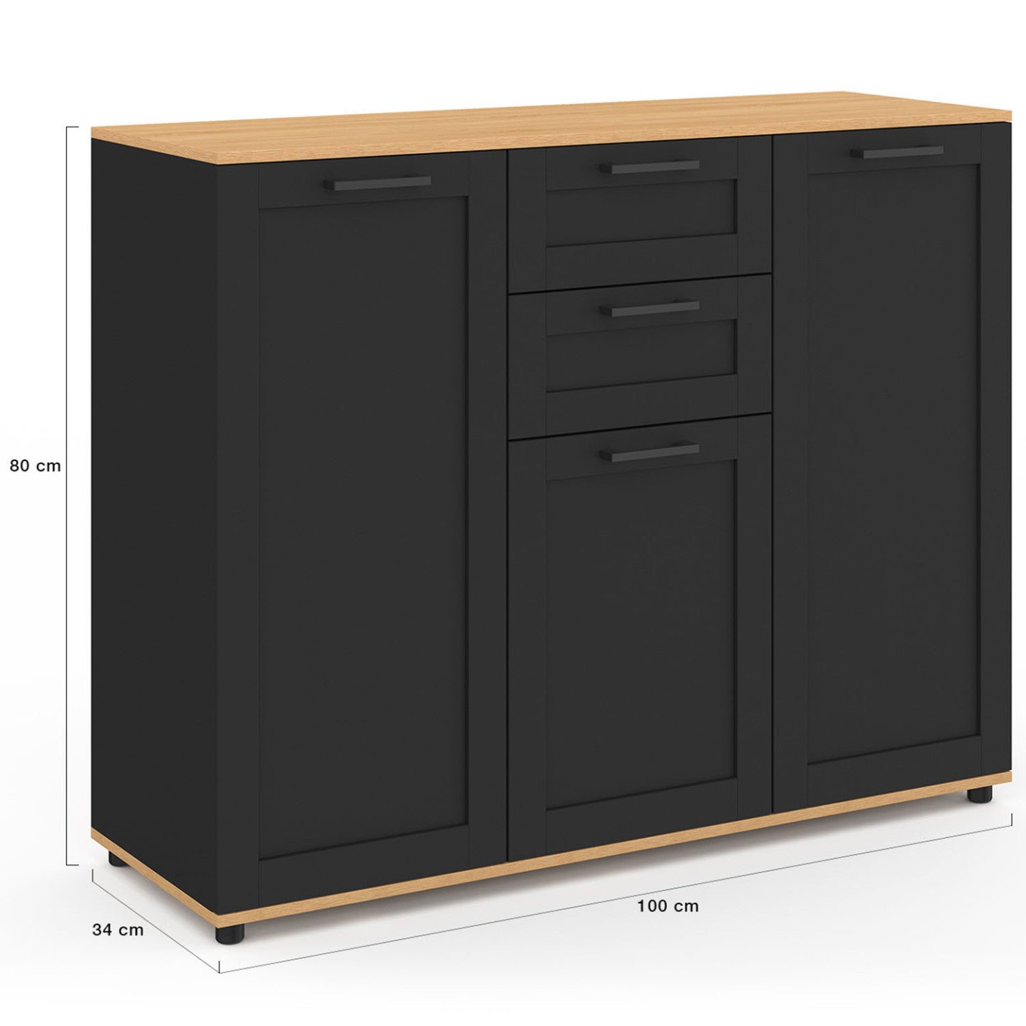 IDMarket - Credenza VITO 100 cm con 3 ante nere e 2 cassetti e piano in legno