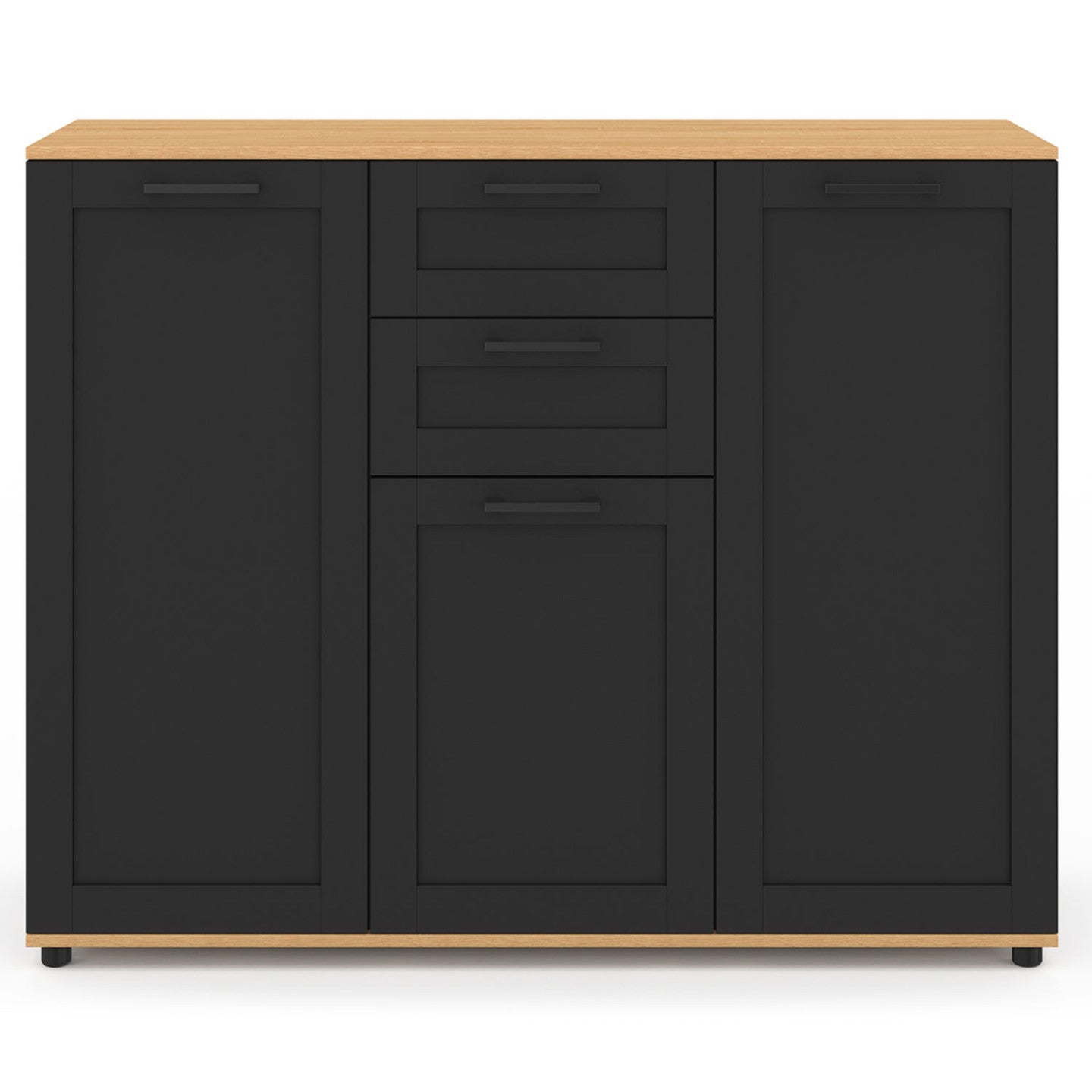 IDMarket - Credenza VITO 100 cm con 3 ante nere e 2 cassetti e piano in legno