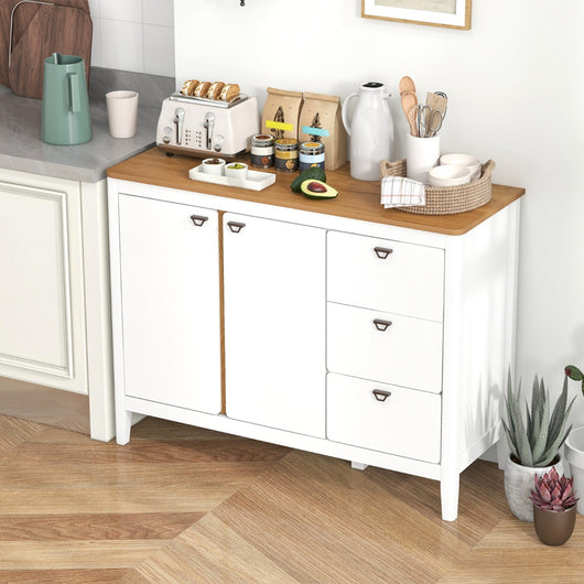 Credenza buffet-Armadio da cucina con 2 porte e 3 cassetti estraibili, Mobile da cucina in legno con kit anti-ribaltamento Naturale Bianco
