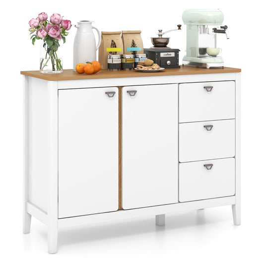 Credenza buffet-Armadio da cucina con 2 porte e 3 cassetti estraibili, Mobile da cucina in legno con kit anti-ribaltamento Naturale Bianco