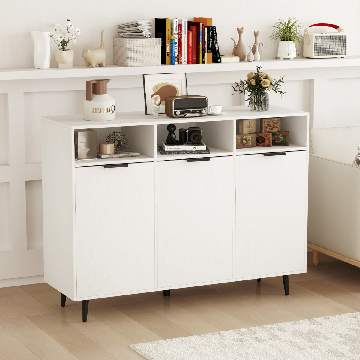 Credenza buffet-Armadio da cucina laterale con 3 scomparti aperti e 3 ante, Mobile da cucina con 5 ripiani regolabili a 5 posizioni Bianco
