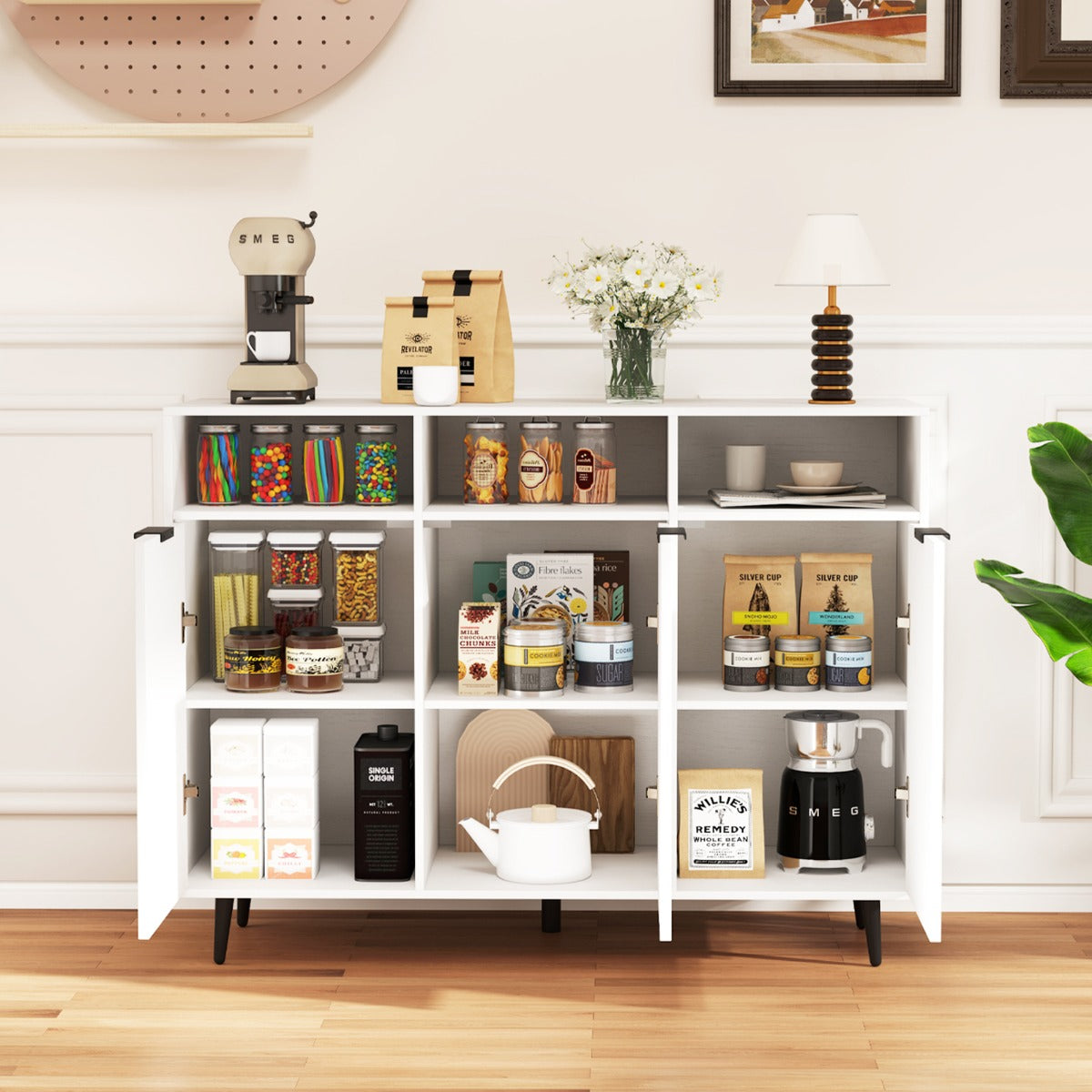 Credenza buffet-Armadio da cucina laterale con 3 scomparti aperti e 3 ante, Mobile da cucina con 5 ripiani regolabili a 5 posizioni Bianco