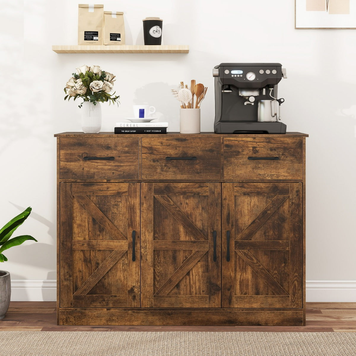 Grande credenza da 108 cm con ripiani regolabili e ante, Mobile cucina in legno per sala da pranzo e soggiorno Marrone-Credenze buffet