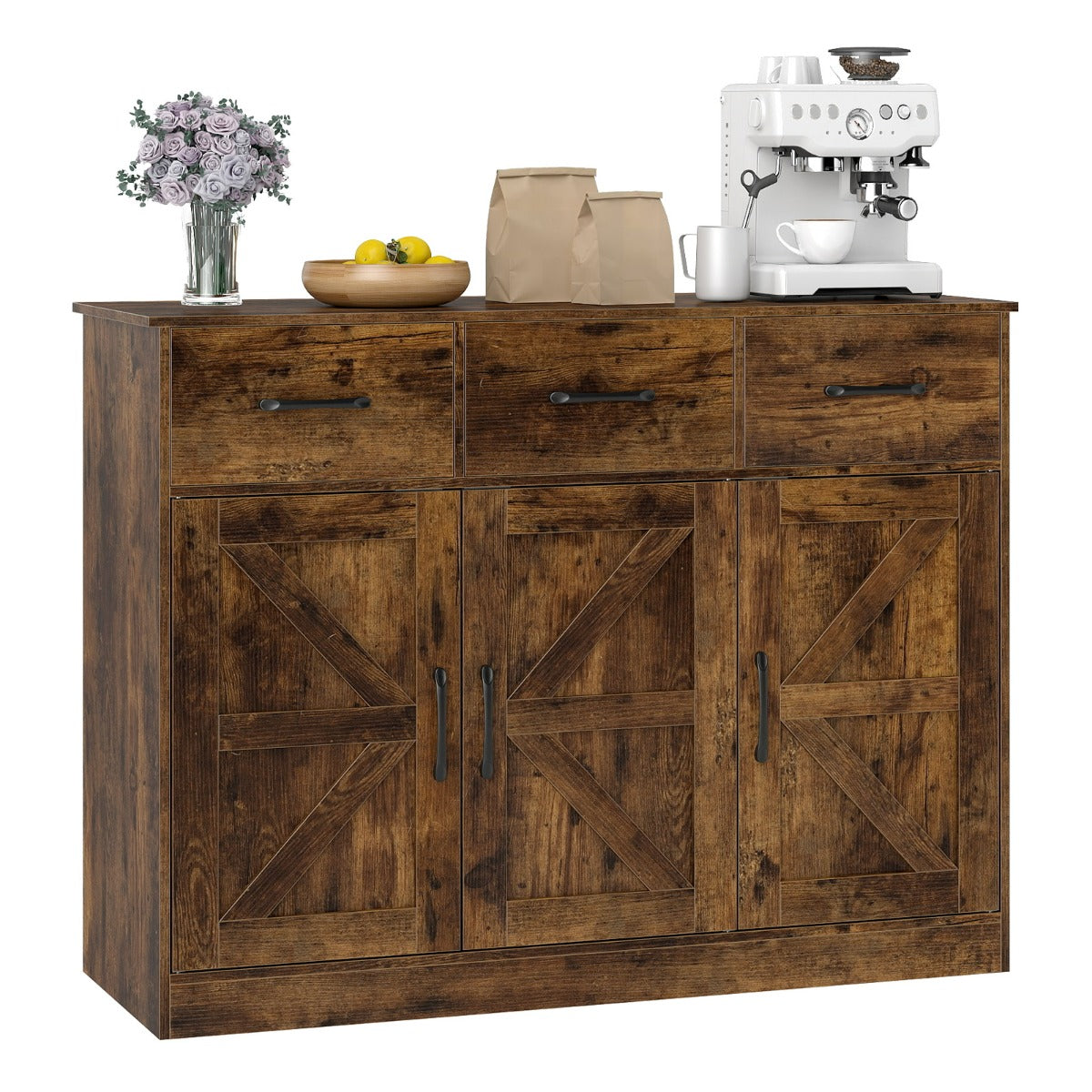 Grande credenza da 108 cm con ripiani regolabili e ante, Mobile cucina in legno per sala da pranzo e soggiorno Marrone-Credenze buffet