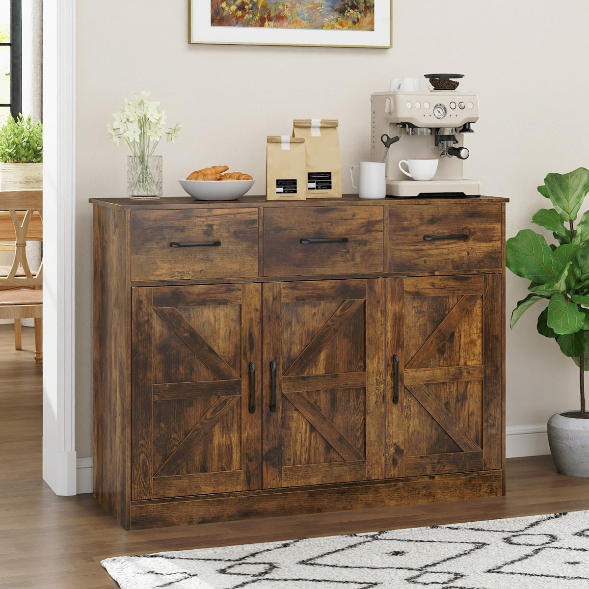 Grande credenza da 108 cm con ripiani regolabili e ante, Mobile cucina in legno per sala da pranzo e soggiorno Marrone-Credenze buffet