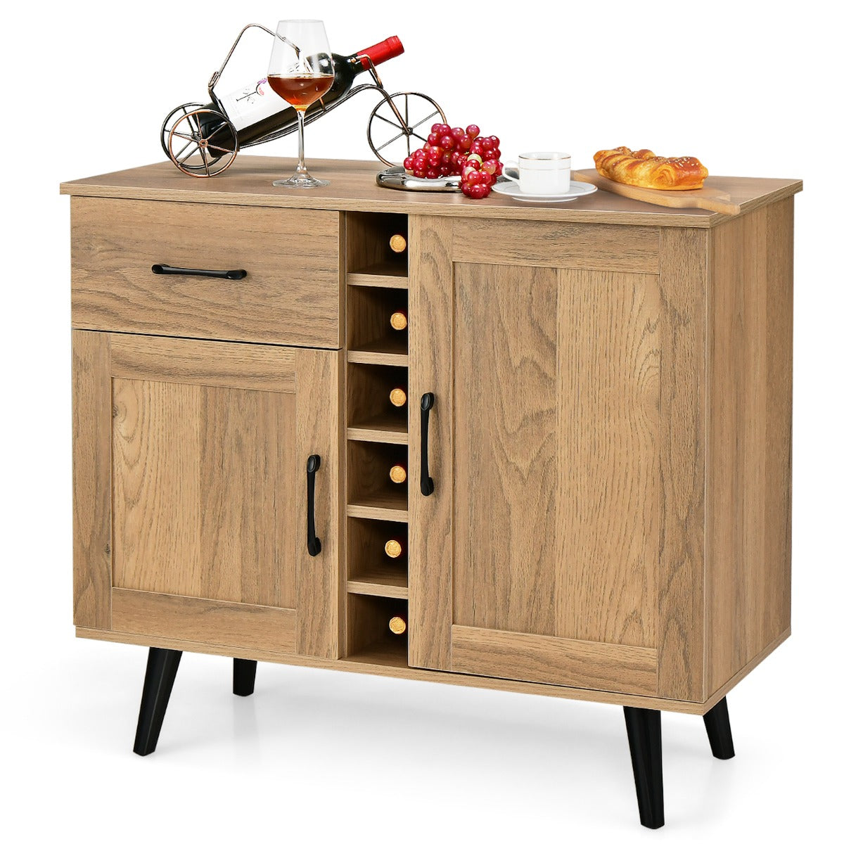 Credenza buffet-Armadio da cucina con portabottiglie da 6 vini cassetto estraibile e ripiani regolabili, Mobile da bar Naturale