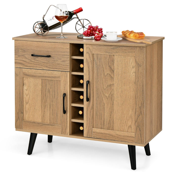 Credenza buffet-Armadio da cucina con portabottiglie da 6 vini cassetto estraibile e ripiani regolabili, Mobile da bar Naturale