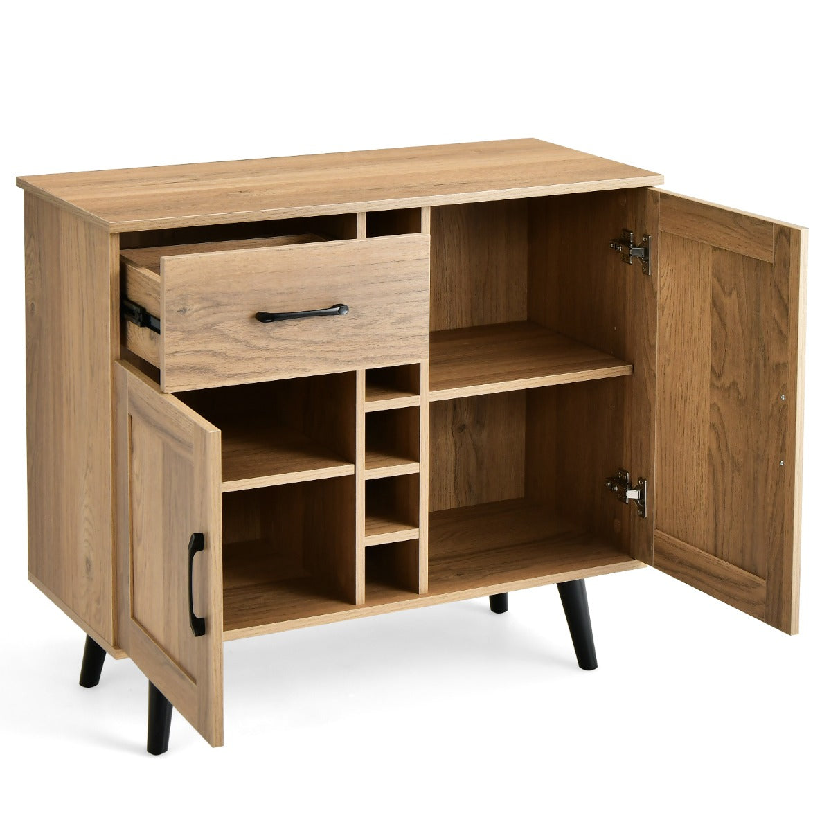 Credenza buffet-Armadio da cucina con portabottiglie da 6 vini cassetto estraibile e ripiani regolabili, Mobile da bar Naturale