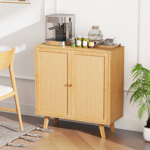 Credenza buffet-Armadio da cucina in bamb¨´ mobile da salotto in stile boho con ante in rattan PE, Mobiletto da cucina autonomo Naturale