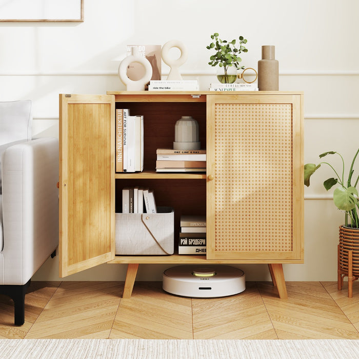 Credenza buffet-Armadio da cucina in bamb¨´ mobile da salotto in stile boho con ante in rattan PE, Mobiletto da cucina autonomo Naturale