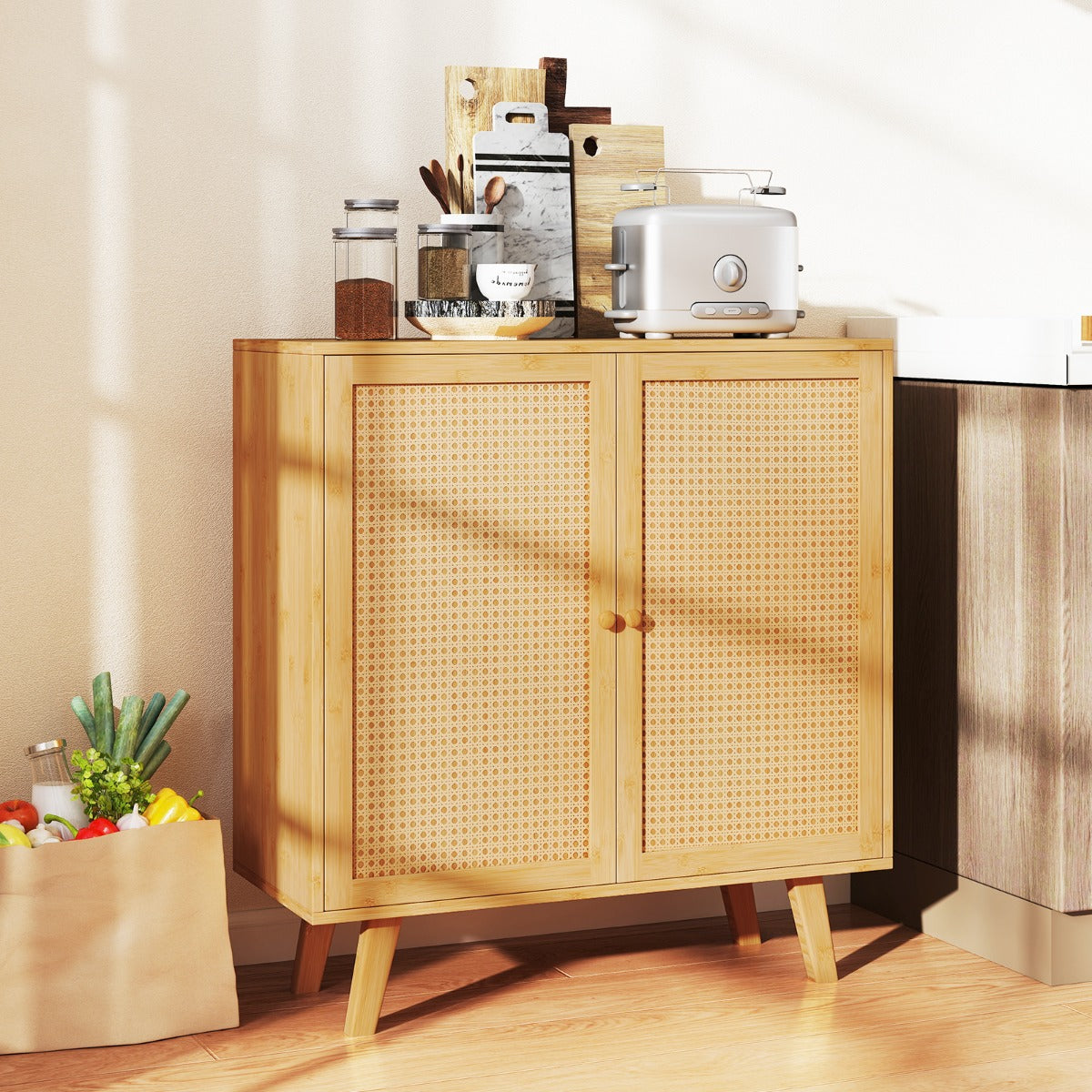 Credenza buffet-Armadio da cucina in bamb¨´ mobile da salotto in stile boho con ante in rattan PE, Mobiletto da cucina autonomo Naturale