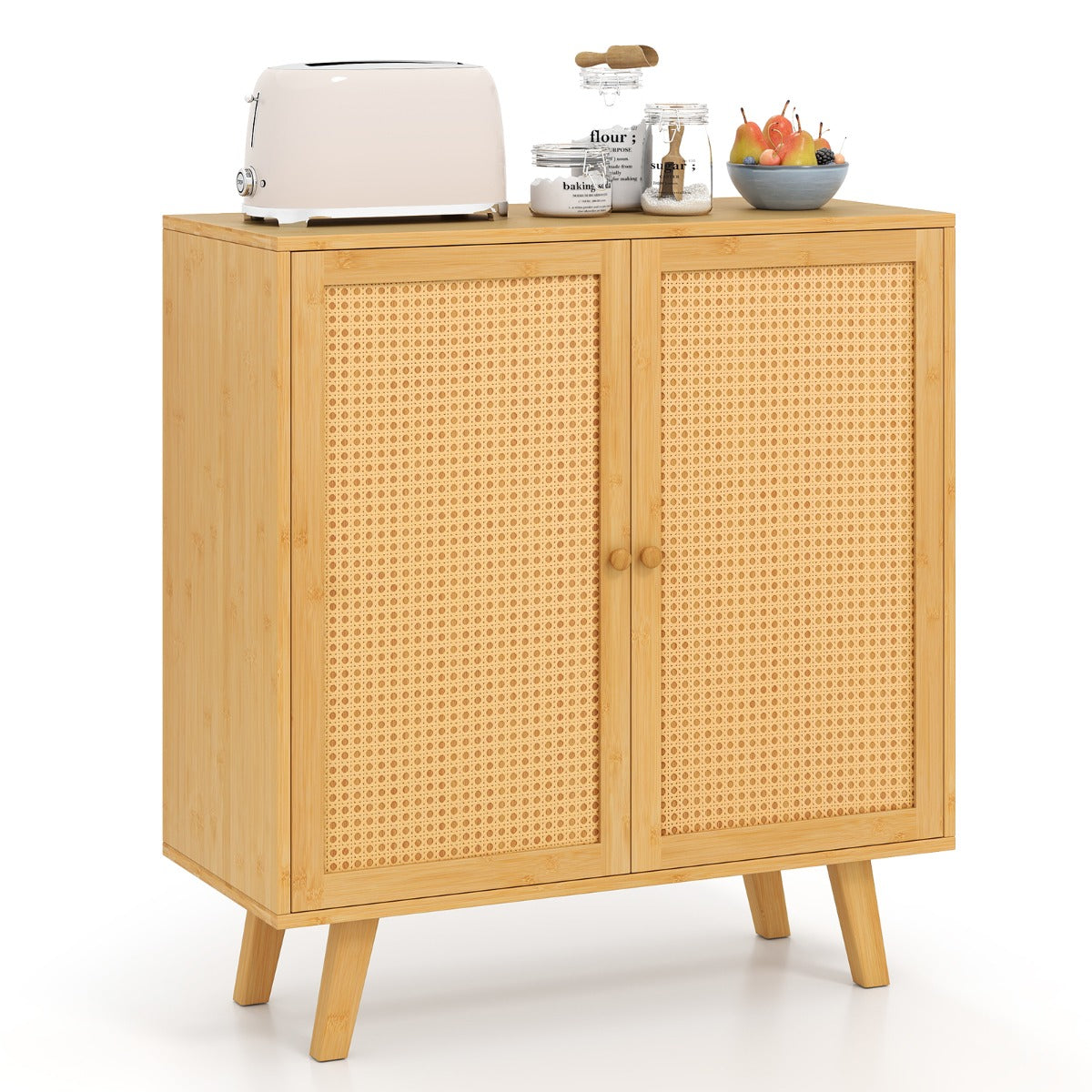 Credenza buffet-Armadio da cucina in bamb¨´ mobile da salotto in stile boho con ante in rattan PE, Mobiletto da cucina autonomo Naturale
