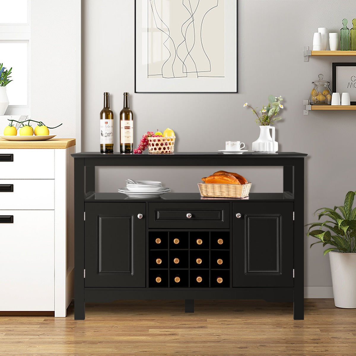Credenza per cucina con porta bottiglie di vino a forma incrociata-Mobile da cucina con mensola aperta Nero