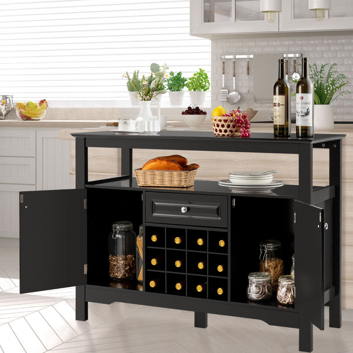 Credenza per cucina con porta bottiglie di vino a forma incrociata-Mobile da cucina con mensola aperta Nero