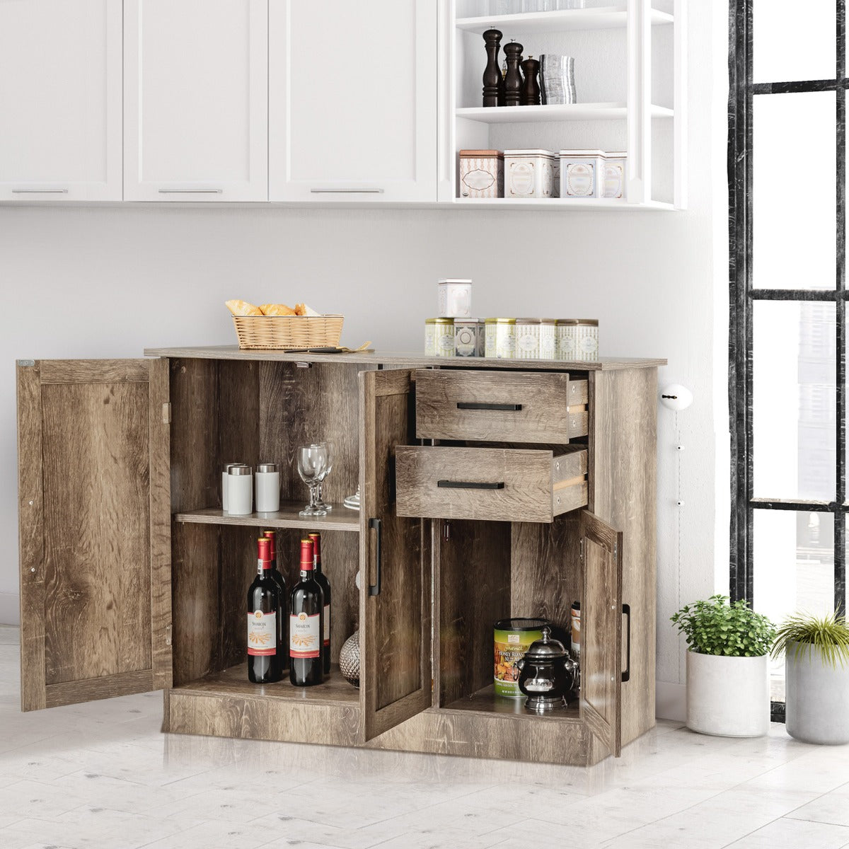 Credenza da cucina con 2 cassetti 3 ante e 1 ripiano regolabile-Mobile buffet da terra multiuso Grigio
