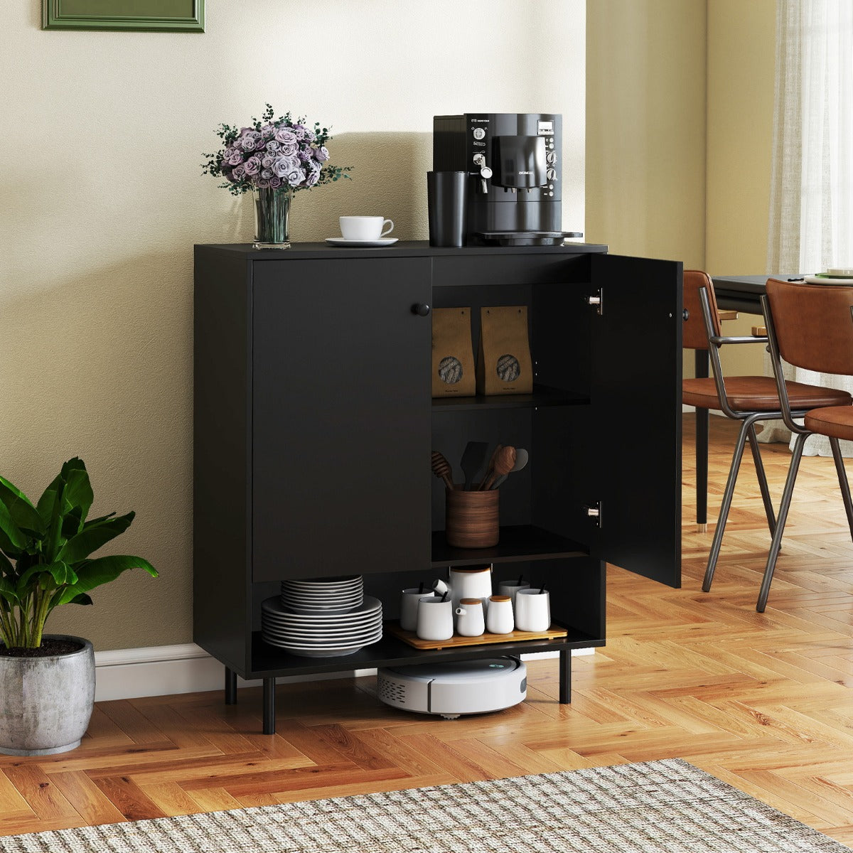 Armadio da cucina a 2 ante con ripiano regolabile e kit anti-ribaltamento, Mobile bar moderno in stile mid century Nero-Credenze buffet