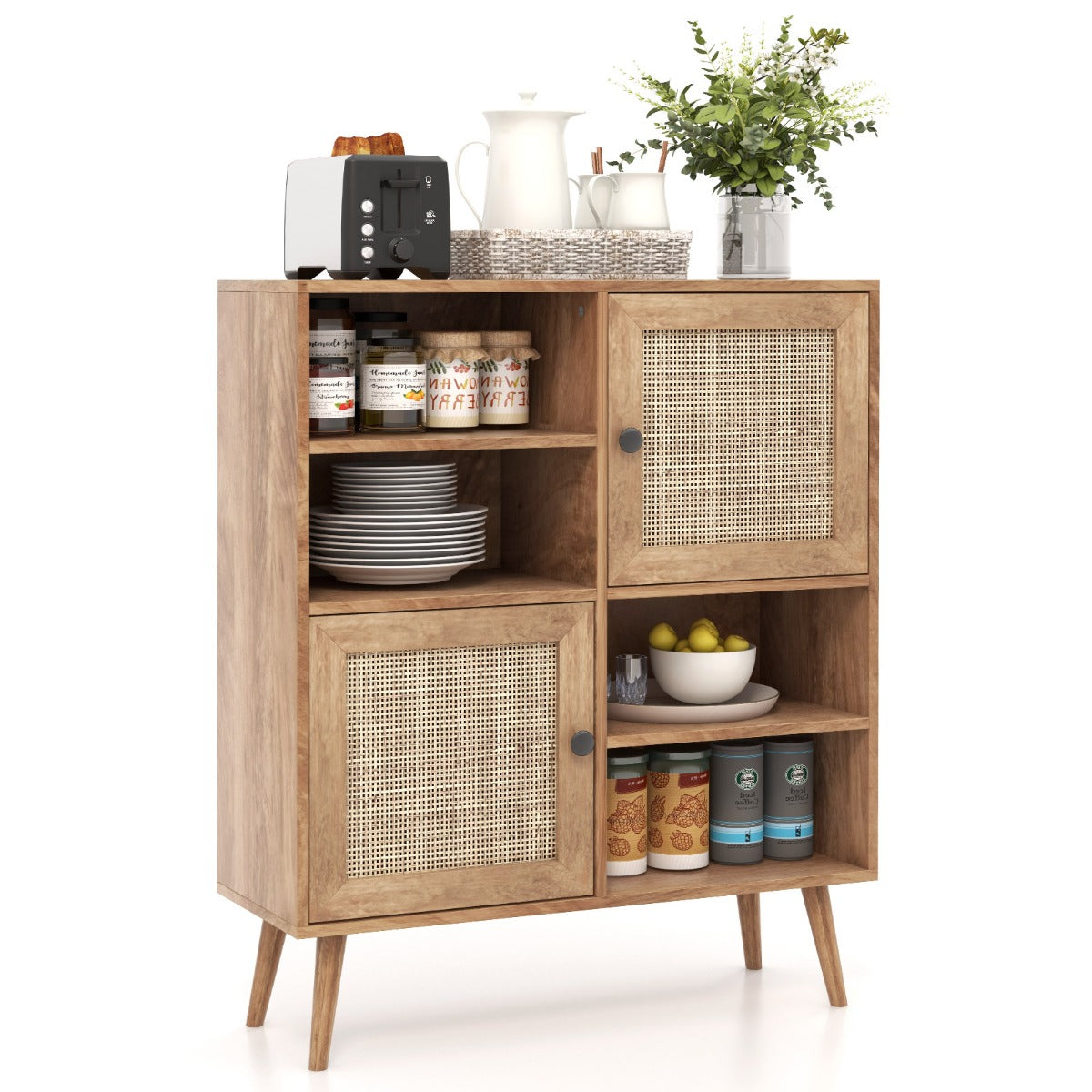 Credenza in rattan con 4 scomparti e 2 porte decorate in rattan-Armadietto buffet in stile boho Naturale
