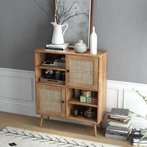 Credenza in rattan con 4 scomparti e 2 porte decorate in rattan-Armadietto buffet in stile boho Naturale