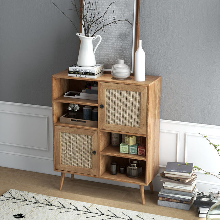 Credenza in rattan con 4 scomparti e 2 porte decorate in rattan-Armadietto buffet in stile boho Naturale
