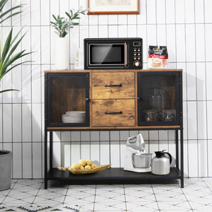 Credenza industriale con 2 armadietti 2 cassetti ripiano inferiore-Tavolino versatile per salone cucina Marrone