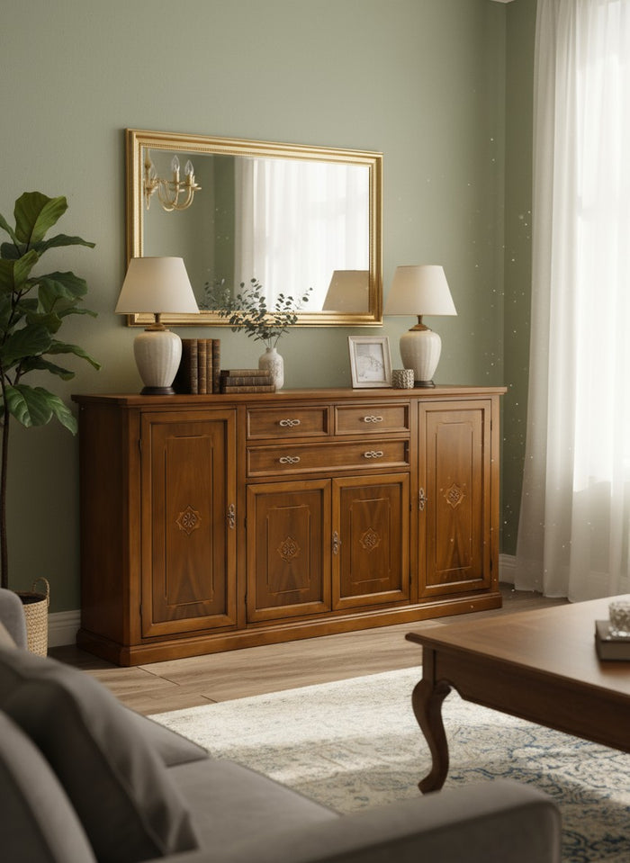 Credenzone in legno 4 porte-3 cassetti con intarsi finitura bassano misure l.211 p.49 h.113 - Mobili 2G