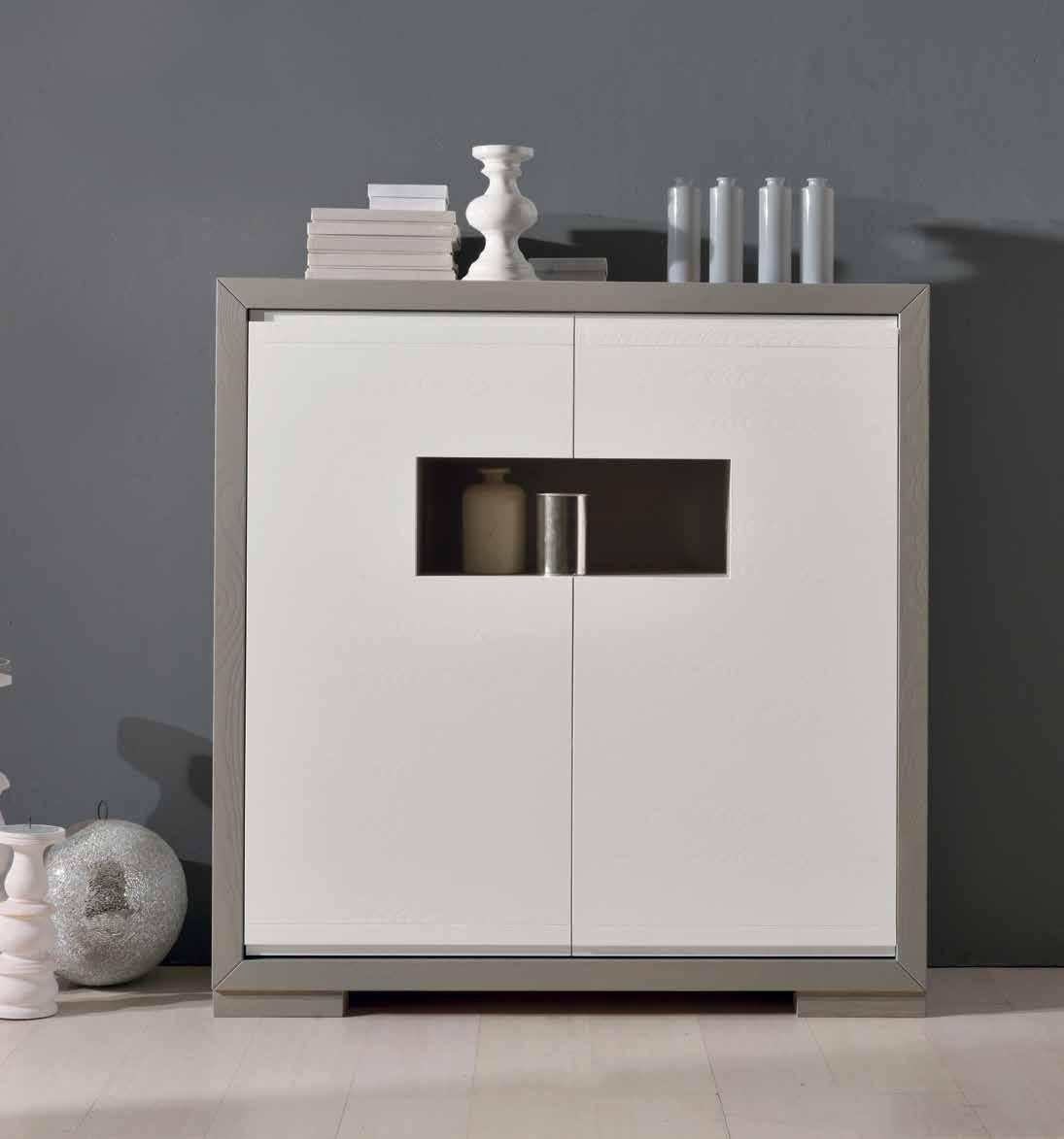 Credenza alta in frassino antracite 2 porte e vano a giorno con piede tornito l.128 p.45 h.133