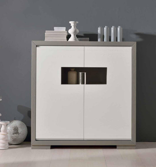 Credenza alta in frassino antracite 2 porte e vano a giorno con piede tornito l.128 p.45 h.133