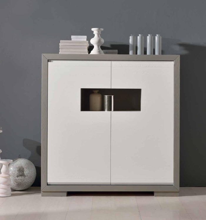 Credenza alta in frassino antracite 2 porte e vano a giorno con piede tornito l.128 p.45 h.133