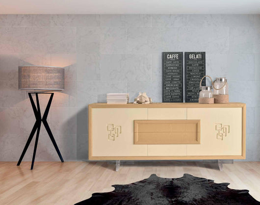 Credenza frassino laccato avorio poro aperto 2 porte con piedi in plexiglass l.210 p.50 h.90