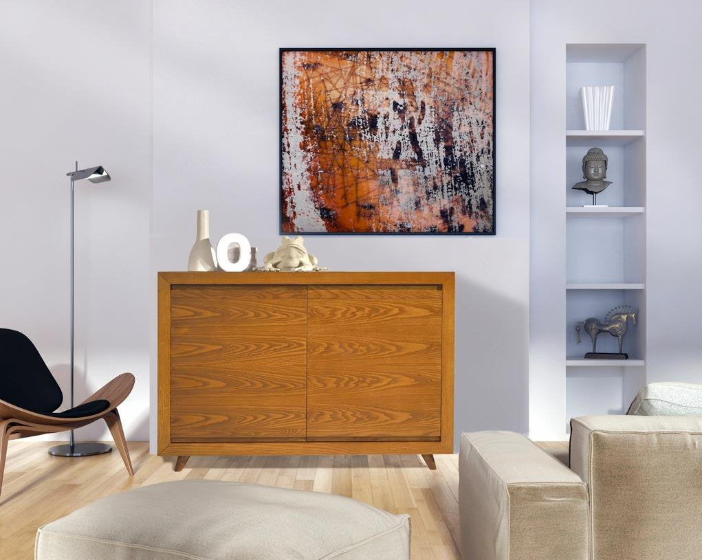 Credenza in frassino chiaro poro aperto semilucido 2 porte con con piede tornito l.128 p.45 h.87,5