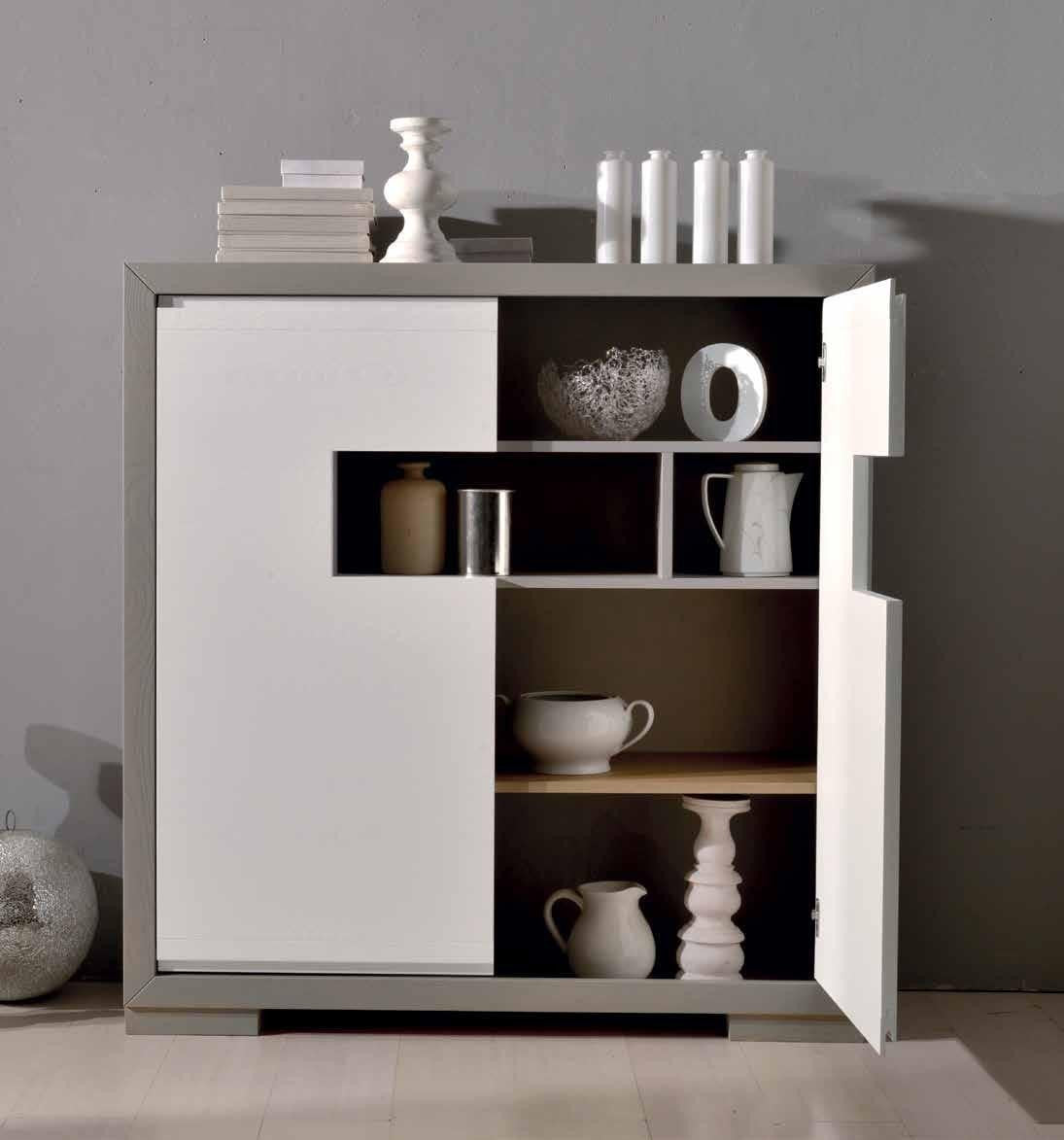 Credenza alta in frassino antracite 2 porte e vano a giorno con piede tornito l.128 p.45 h.135,5