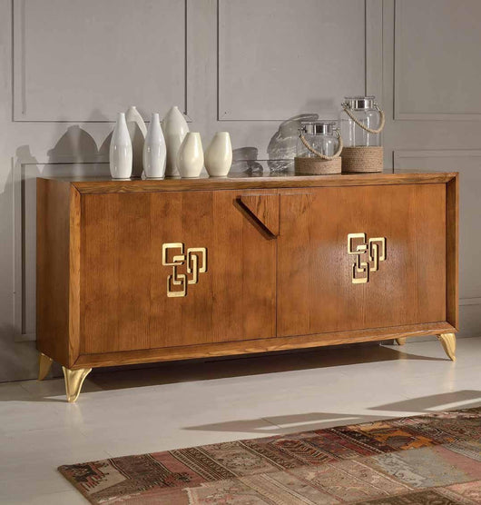 Credenza frassino chiaro poro aperto  2 porte con particolari in foglia oro l.180 p.50 h.88