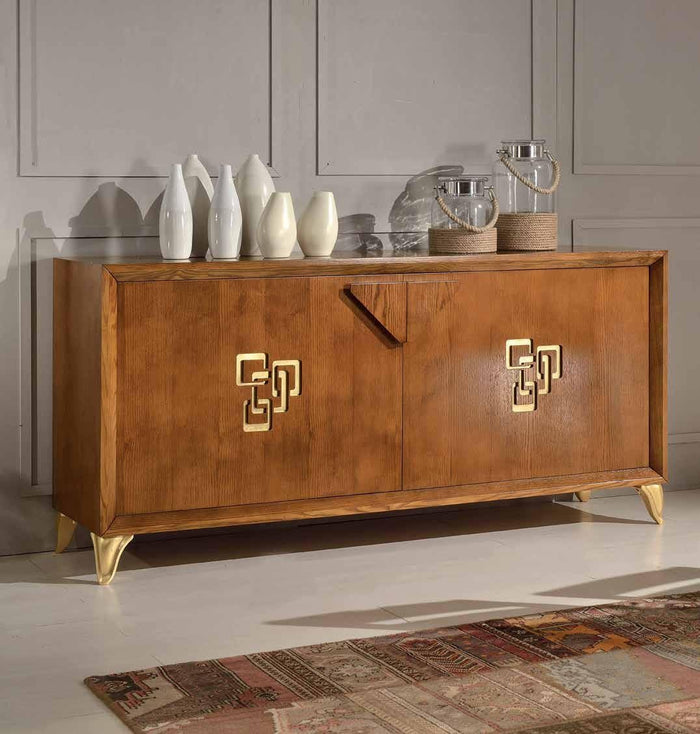 Credenza frassino chiaro poro aperto  2 porte con particolari in foglia oro l.180 p.50 h.88