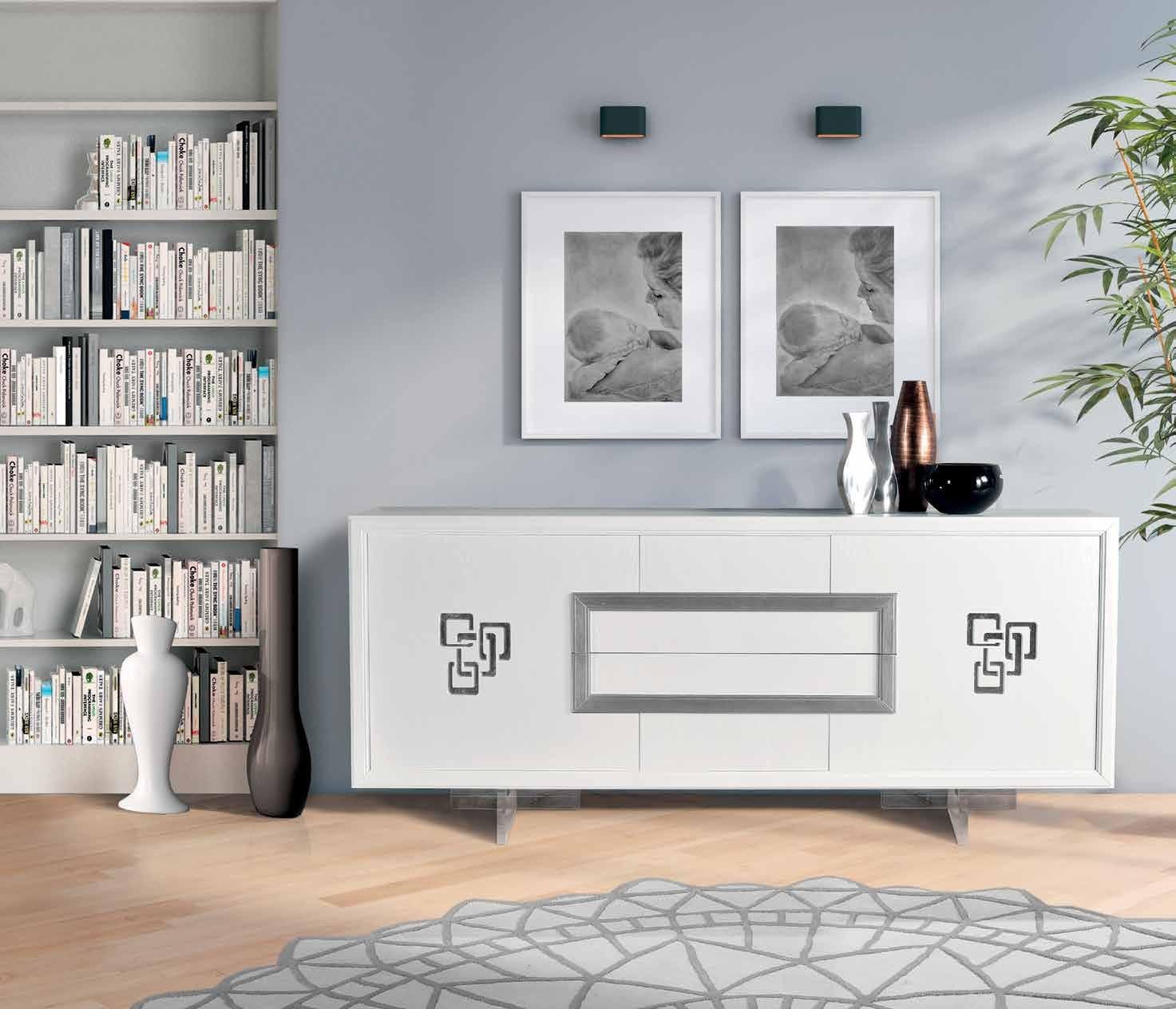 Credenza in frassino 2 porte laccato bianco poro aperto  piedi a sciabola argento l.210 p.50 h.88