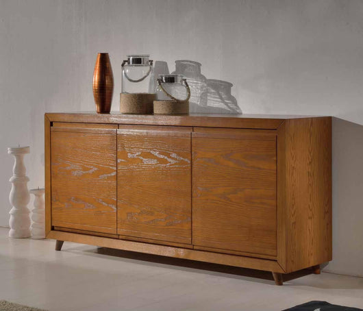 Credenza in frassino chiaro poro aperto semilucido 3 porte con con piede tornito l.179 p.46 h.87,5