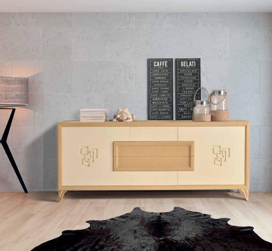 Credenza frassino laccato avorio poro aperto 2 porte con zoccolo  l.210 p.50 h.85