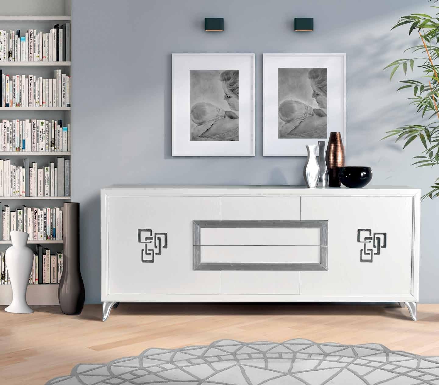 Credenza in frassino 2 porte laccato bianco poro aperto - argento piedi plexiglass l.210 p.50 h.90