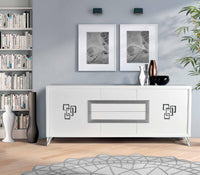 Credenza in frassino 2 porte laccato bianco poro aperto - argento piedi plexiglass l.210 p.50 h.90