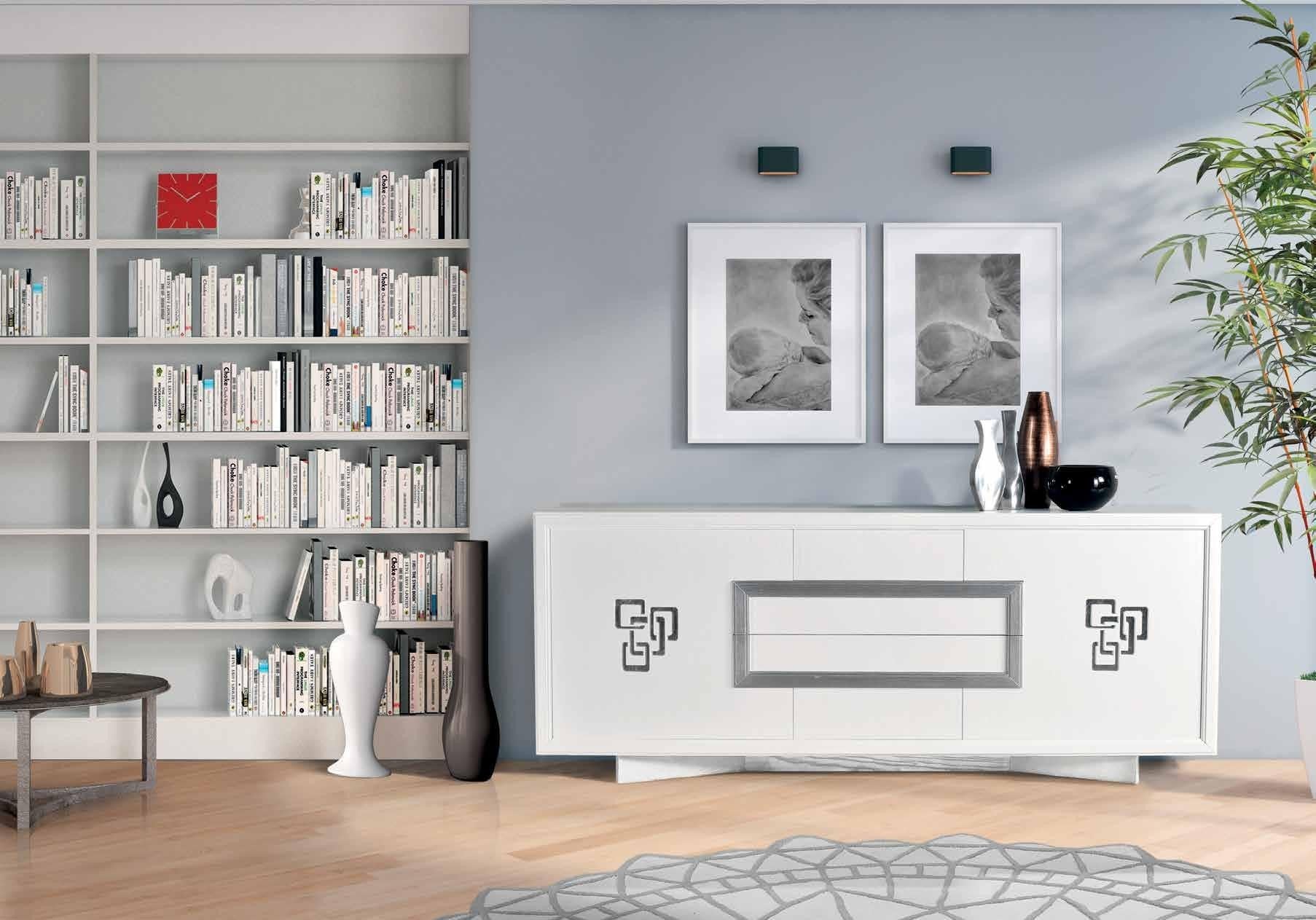 Credenza in frassino 2 porte laccato bianco poro aperto  piedi a sciabola argento l.210 p.50 h.88