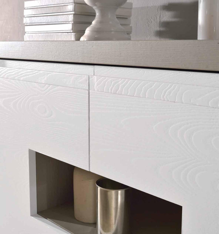 Credenza alta in frassino antracite 2 porte e vano a giorno con piede tornito l.128 p.45 h.133