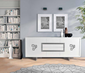 Credenza in frassino 2 porte laccato bianco poro aperto - argento piedi plexiglass l.210 p.50 h.90