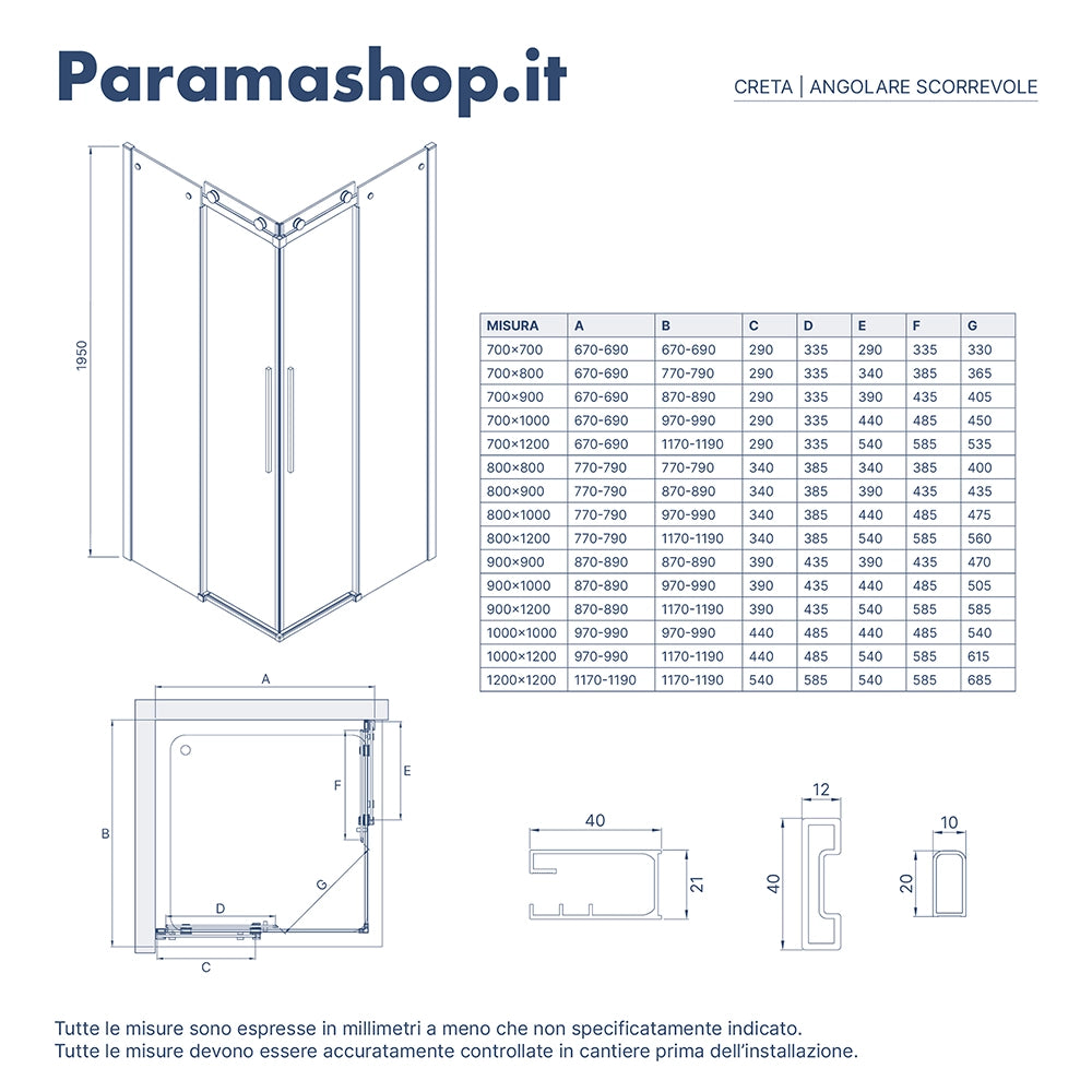 Box doccia angolare 70x120cm due ante scorrevoli  vetro 8mm trasparente profili nero opaco h195 | Creta