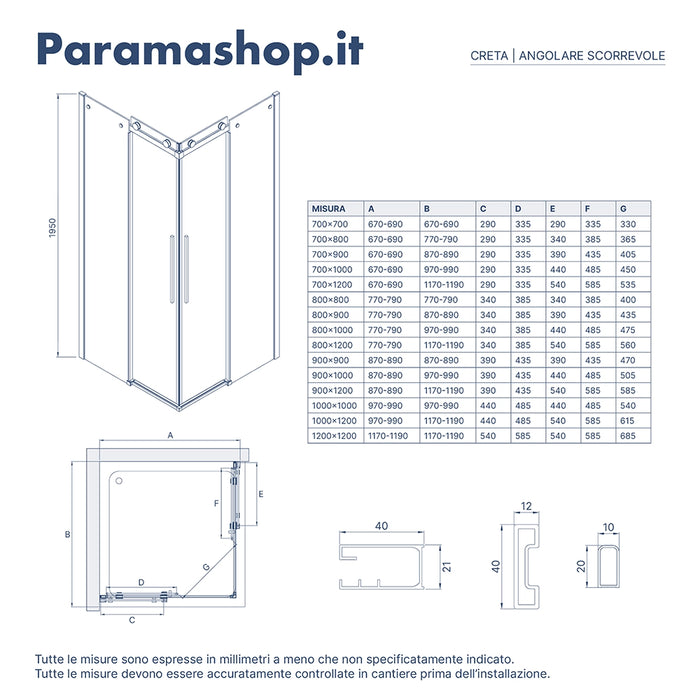 Box doccia angolare 70x70cm due ante scorrevoli  vetro 8mm trasparente profili nero opaco h195 | Creta