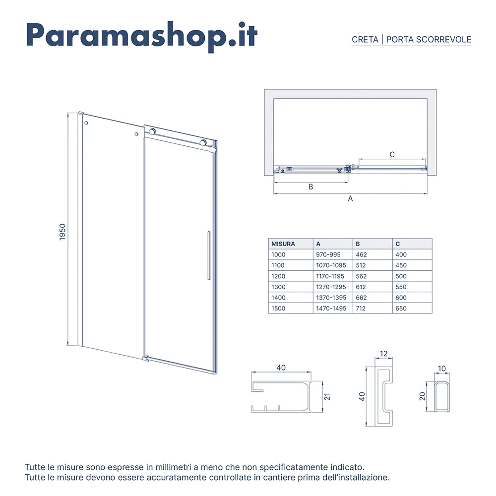 Porta doccia 100cm apertura scorrevole profili nero opaco vetro 8mm fumé h195 | Creta