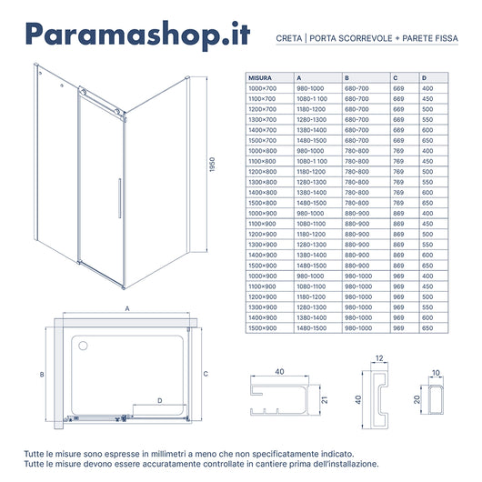Box doccia 70x130 cm scorrevole vetro 8mm trasparente profili nero opaco h195cm | Creta