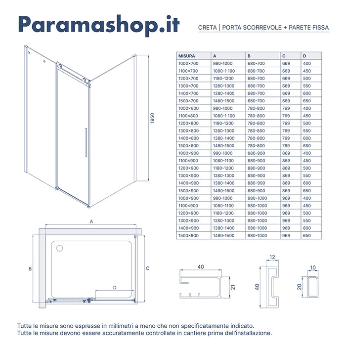 Box doccia 150x100 cm scorrevole vetro 8mm fumé profili nero opaco h195cm | Creta