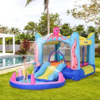 Castello Gonfiabile Gigante e Rimbalzante per Bambini 3-8 Anni con Scivolo, Piscina e Gonfiatore 3.6x1.75x1.8m